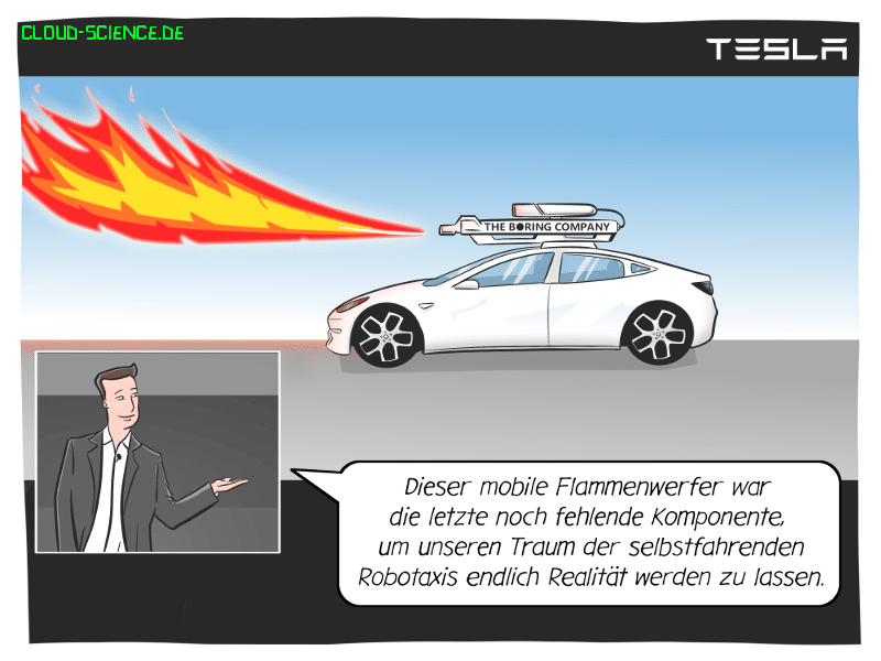 Die Tesla Robotaxi-Flotte – Cloud Science Cartoon